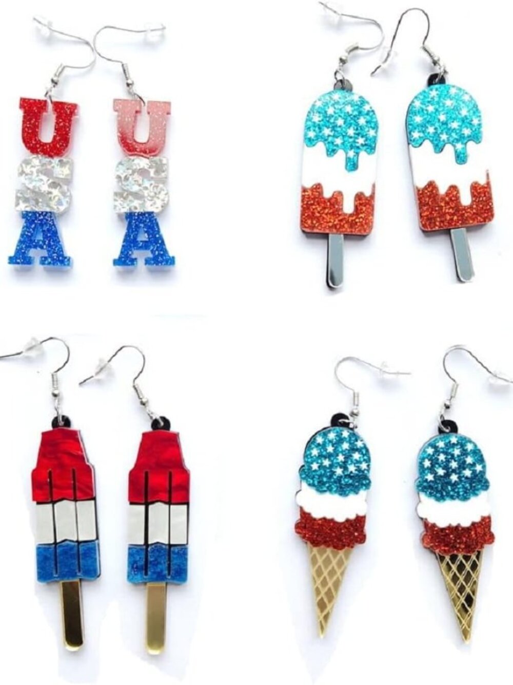 4th of July Earrings - 4 PAIRS Acrylic American Flag Star Dangle Earrings - Inde